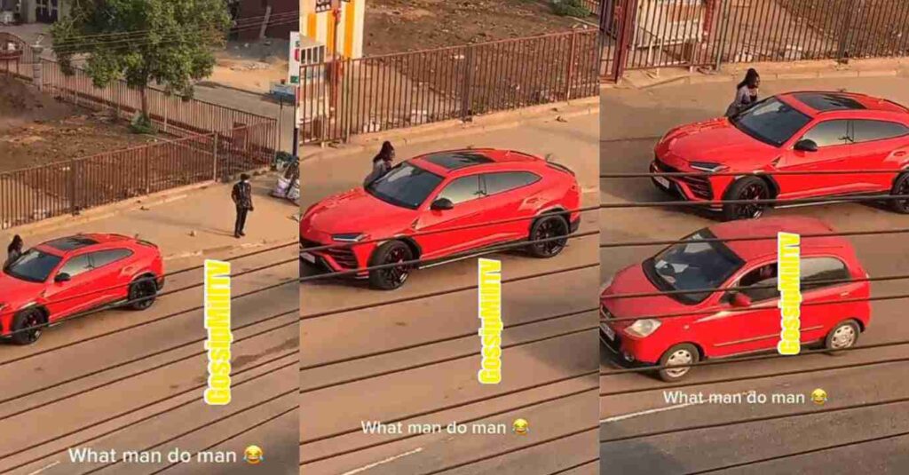 A Lady Stir Reaction As She Leaves Her Man By The Roadside To Meet A Guy Driving Lamborghini (Video)