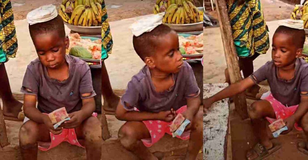 “So Intelligent”: Little Boy Who Who Hawk On The Street Sits Down to Count His Cash After Business, Video Goes Viral