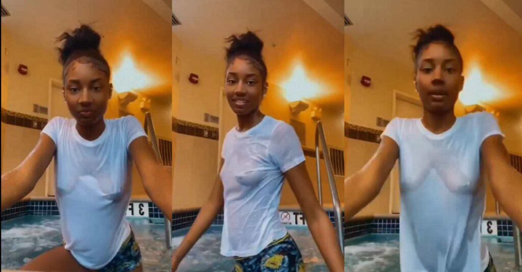 "See As Everything Don Fall"– Lady Get Wet From Swimming Pool Leaves Men Salivating As She Joins The ‘Ta Ta Ta’ Challenge – Video