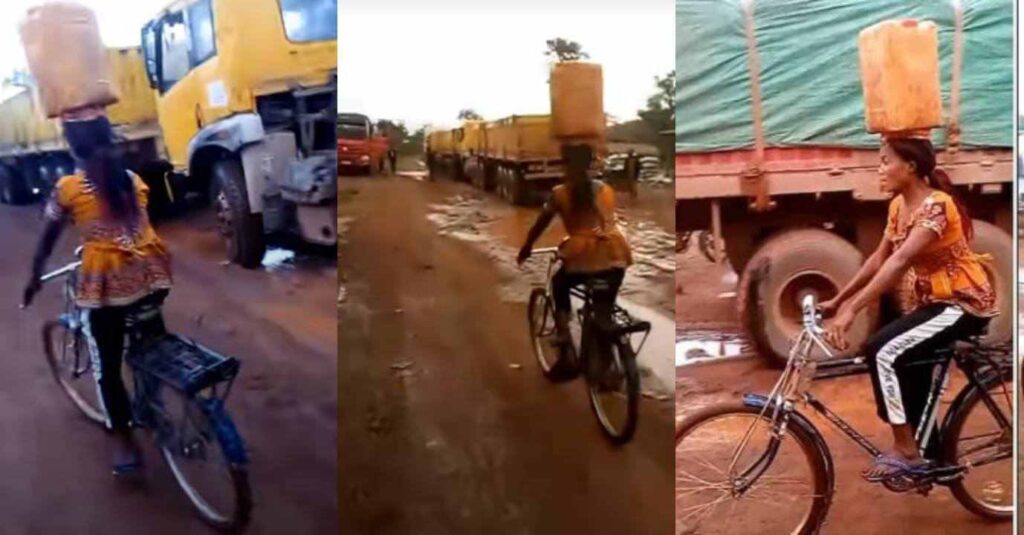 Wahala: Woman carries yellow jerry can on Her head and rides bicycle with it, watch video