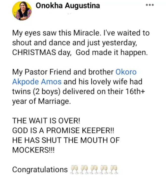 "There is nothing God cannot do" Nigerian pastor and his wife welcome twins after 16 years of marriage