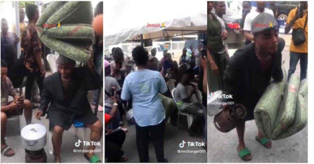 Drama at Bank as Nigerian Man Shows up with Bed, Gas Cooker and Pot, Demands His Money, Funny Video Trends