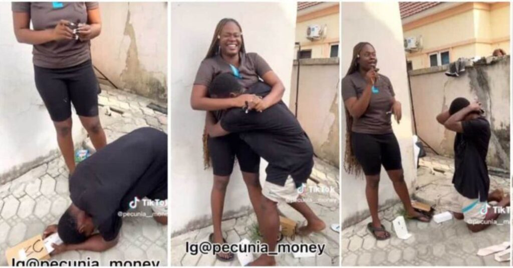 Weeks after He Gave Her His Salary, Nigerian Lady Surprises Security Man with Dollars, iPhone in Cute video