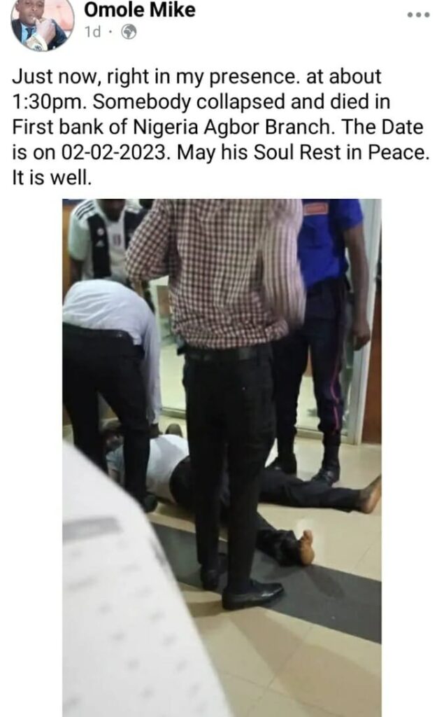 Man slumps, dies in bank while waiting to withdraw cash in Delta State