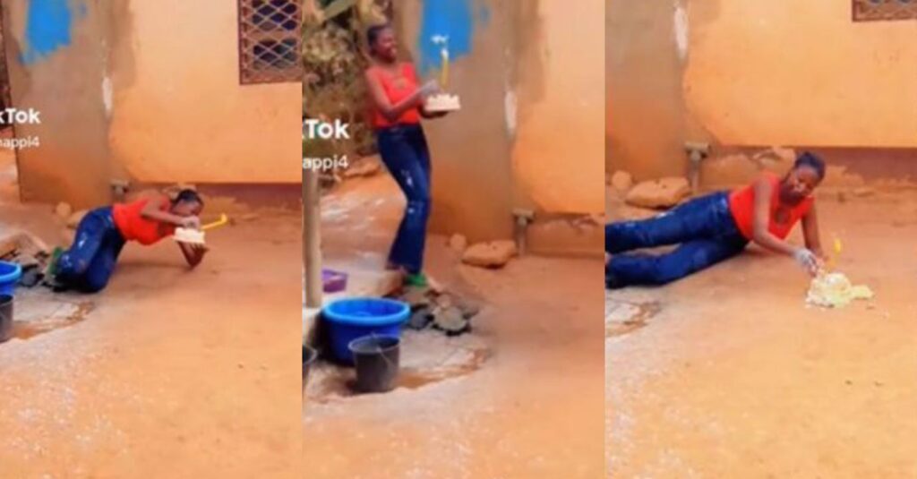 “Wahala As Surprise gone wrong” – Over Excited lady falls hard and scatters party cake, causes stirs online (Video)