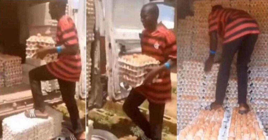 “Small thing, you don dey add Juju” – Man walks freely on eggs without breaking any, causes stirs online (Video)