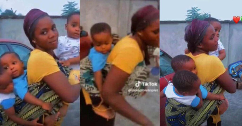 You’ll reap the fruit of your labour”– Lady who gave birth to triplets backs & carries them at once Goes Viral (Video)