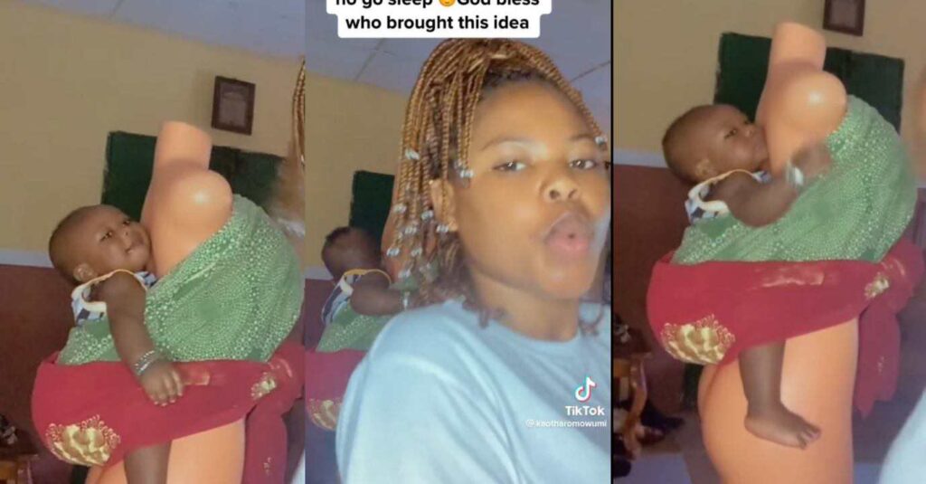 “Pikin Wey Say Mama No Go Sleep” – Nigerian Mum In Joy As She Ties Her Baby to a Mannequin in Funny Video (Watch)