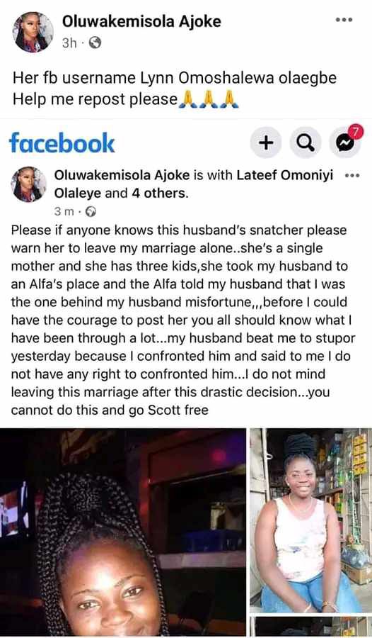 "Please Leave My Husband Alone": Nigerian Lady Drag Her Husband's Side Chick on Facebook To Let Him Enjoy His Marriage Post Goes Viral.