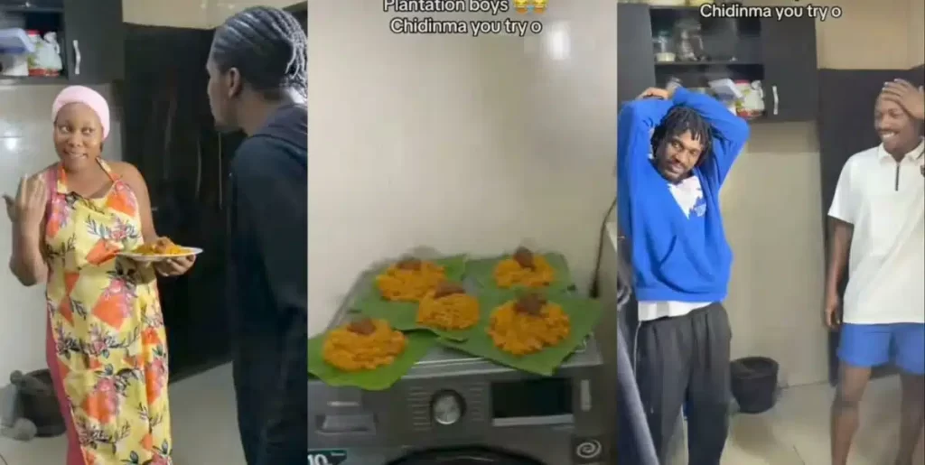 Drama as Beautiful Sister uses plantain leaves to serve her brothers food because they always refuse to wash plates (Video)