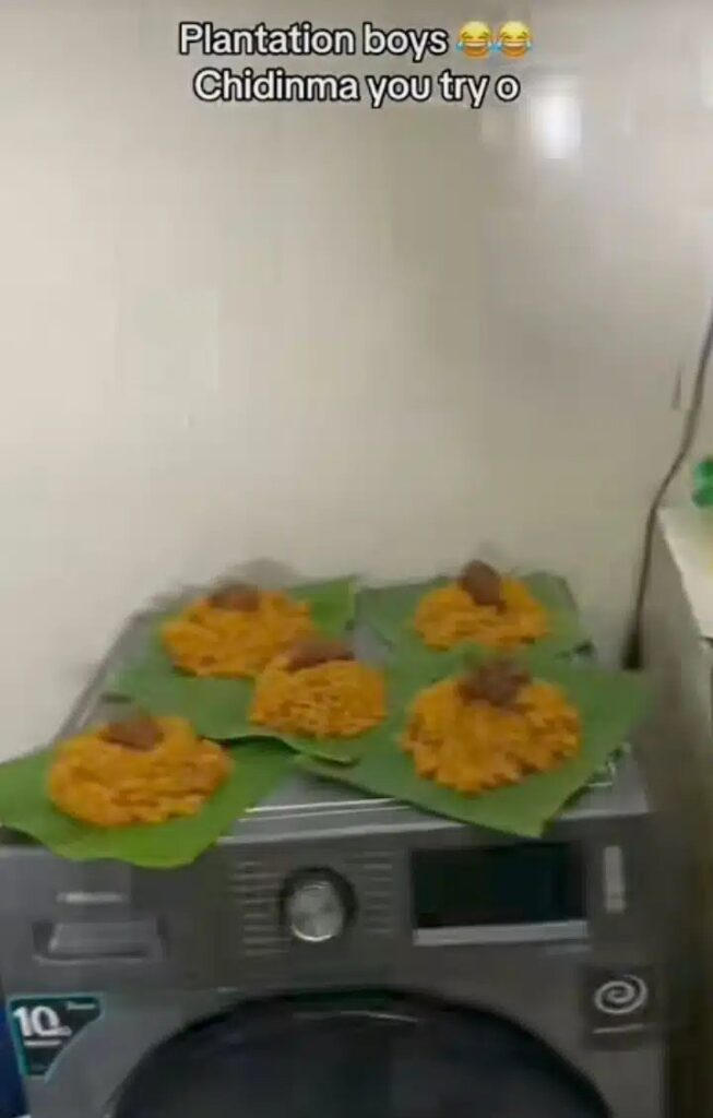 Drama as Beautiful Sister uses plantain leaves to serve her brothers food because they always refuse to wash plates (Video)