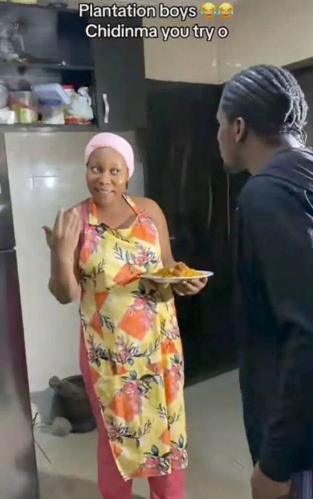 Drama as Beautiful Sister uses plantain leaves to serve her brothers food because they always refuse to wash plates (Video)