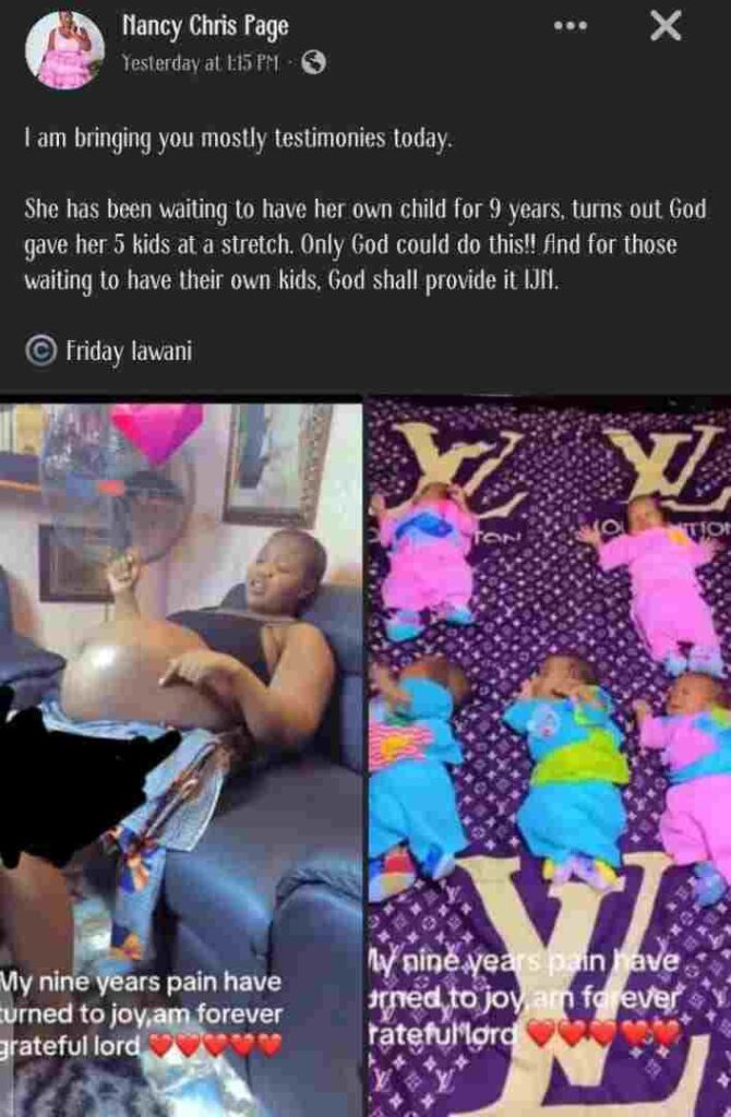 "Truly God Hears Prayer" – Woman gives birth to 5 children at once after 9 years of waiting on God eyes