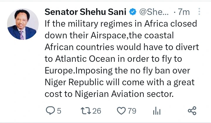 Since The Millitary Regimes Imposed No Fly Ban Over Niger, Nigeria Aviation Sector Will Suffer For It – Senator Shehu Sanni Reveal.