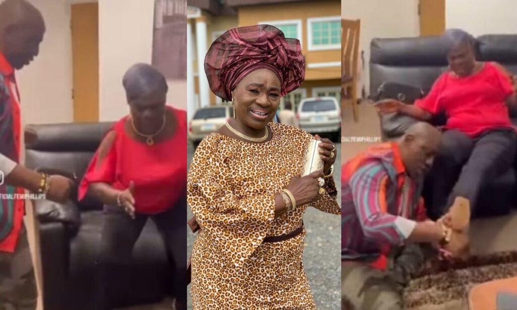 Funny moment Iya Rainbow’s son wear high heels for his mother and make her dance to Asake song