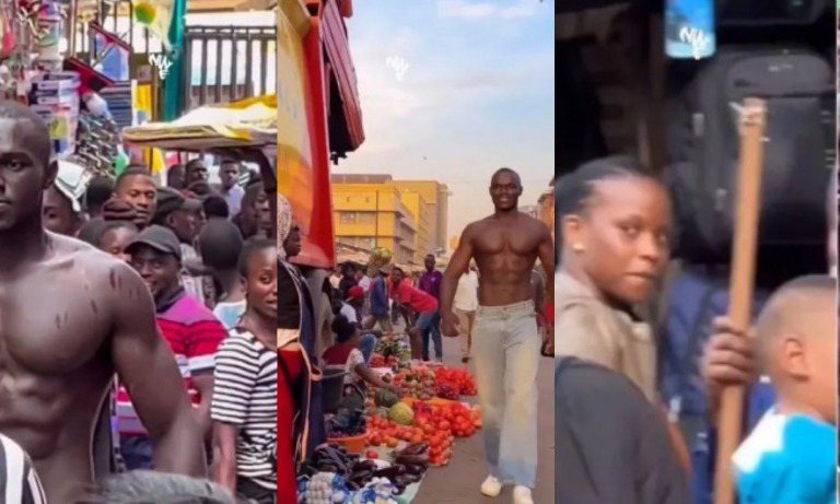 "How Una take they Get This Pack"– Huge man with muscles and 6 packs causes commotion in market as he walks shirtless (Video)