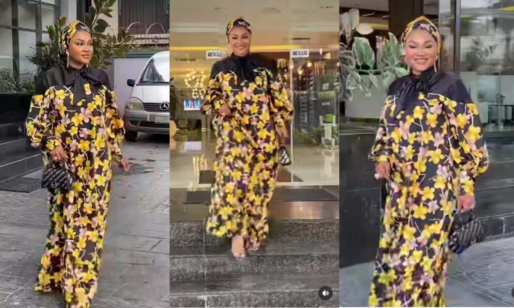 "Alhaja Minnah. Oya, let's go for Jummah o"-Mercy Aigbe, husband Kazim stir reactions as she steps out in Muslim outfits