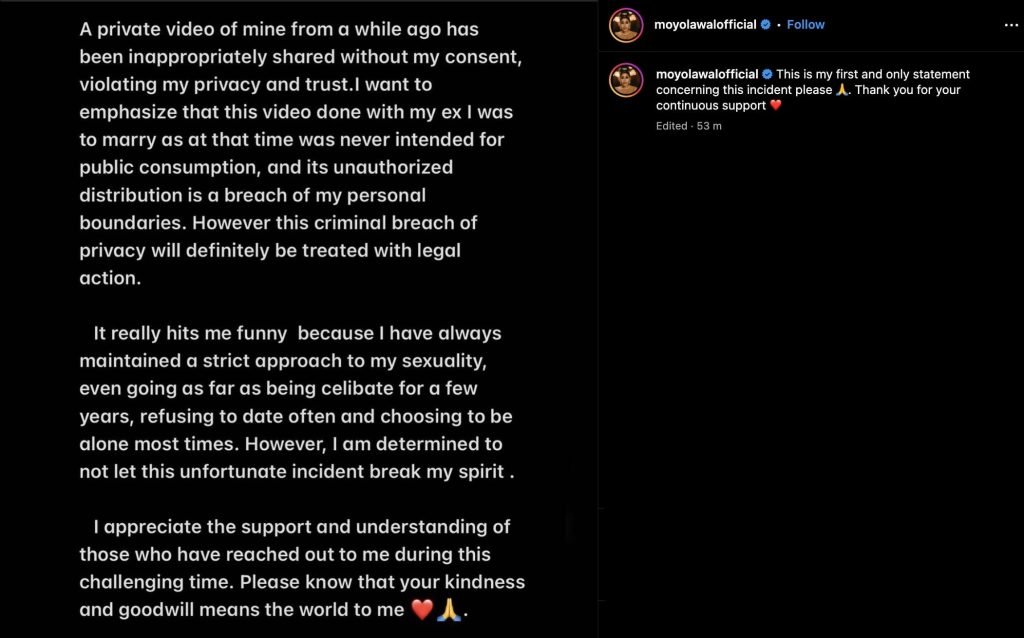 “My viral video was done with my ex and was never intended for public” – Moyo Lawal react to viral video,threatens legal action his ex