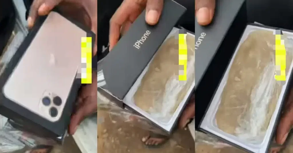 "Na loan I collect to buy the phone"- Man cries in pain after buying iPhone 15 only to discover fufu inside (Video)