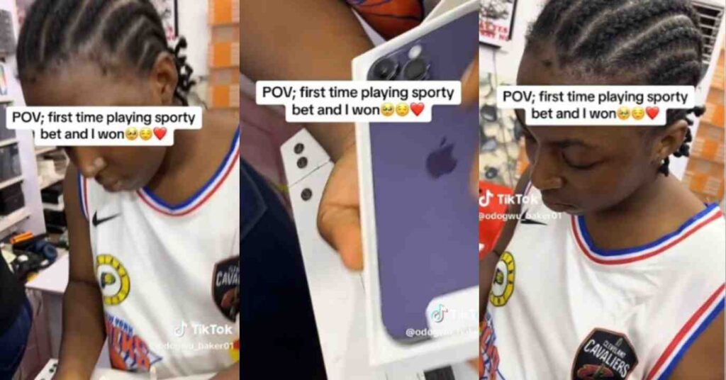 "First Time Playing And I Won" – Over-Excited Nigerian Lady Celebrates As She Buys iPhone 14 Pro Max After Winning Sporty Bet (Video)