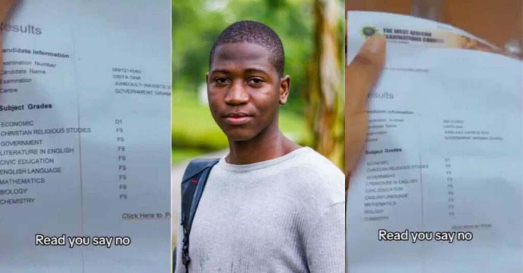 “Ha, This One Na Real Road Side Mechanic Fit Ham” – Nigerian Student Stir Reaction As He Scores Parallel F9 In WAEC (Video)