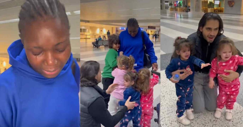 “I cried too feel like going back”- Oyinbo man and his kids breaks down in tears at airport as their nanny leaves the country for her home town (Video)