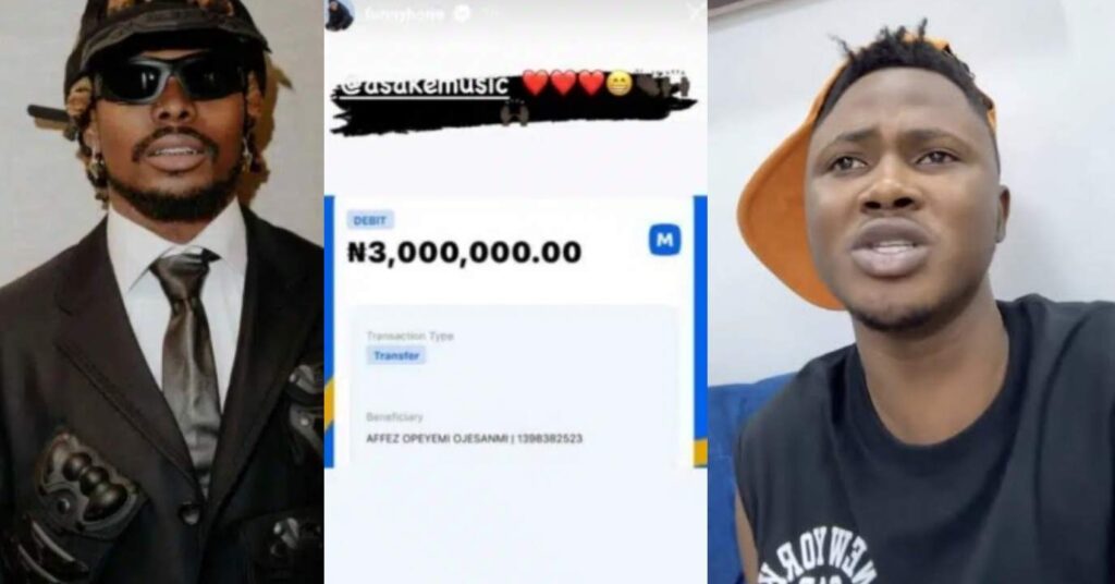 "I don collect my own 3meter, more is still coming in" – Salo overjoyed as Asake gifts him 3 million naira