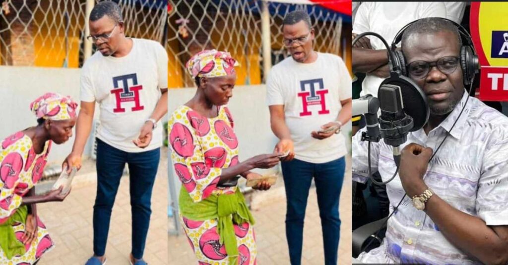 Radio presenter Oriyomi Hamzat bless an old woman with cash gift of N100,000 Naira to start a business