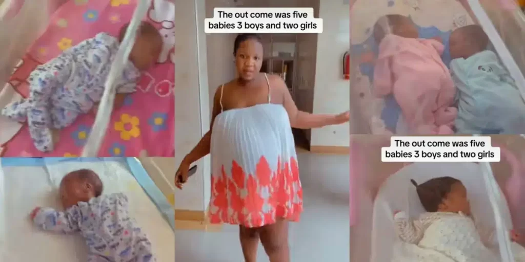 “Dear God, avoid me” – Nigerian woman turns heads online as she gives birth to quintuplets, 3 boys and 2 girls