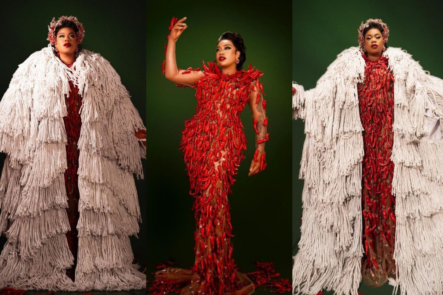 “Creativity at its peak” Toyin Lawani rocks 1000 pepper and 70 mops as Christmas outfit, shares her inspiration