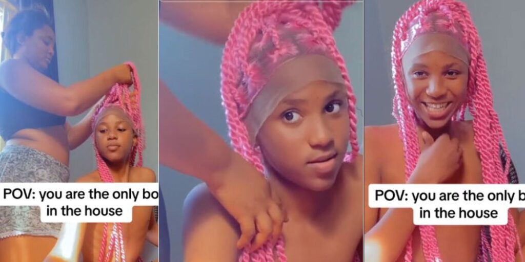 "He’s more beautiful than my girlfriend” – Lady causes stir as she tries braided wig on her brother’s head (Video)