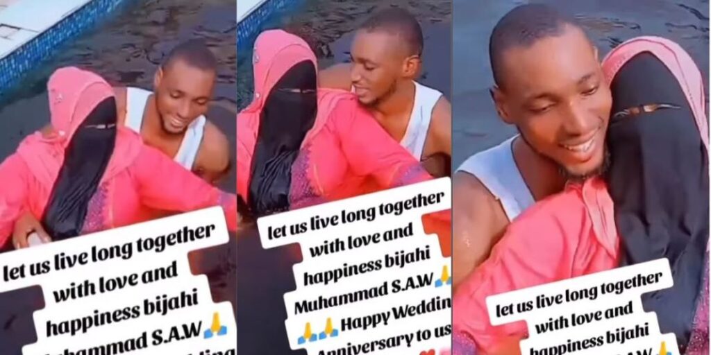 "Shey na by force to swim" – Video of a man grabbing his niqobite wife inside the swimming pool trends online (Watch)