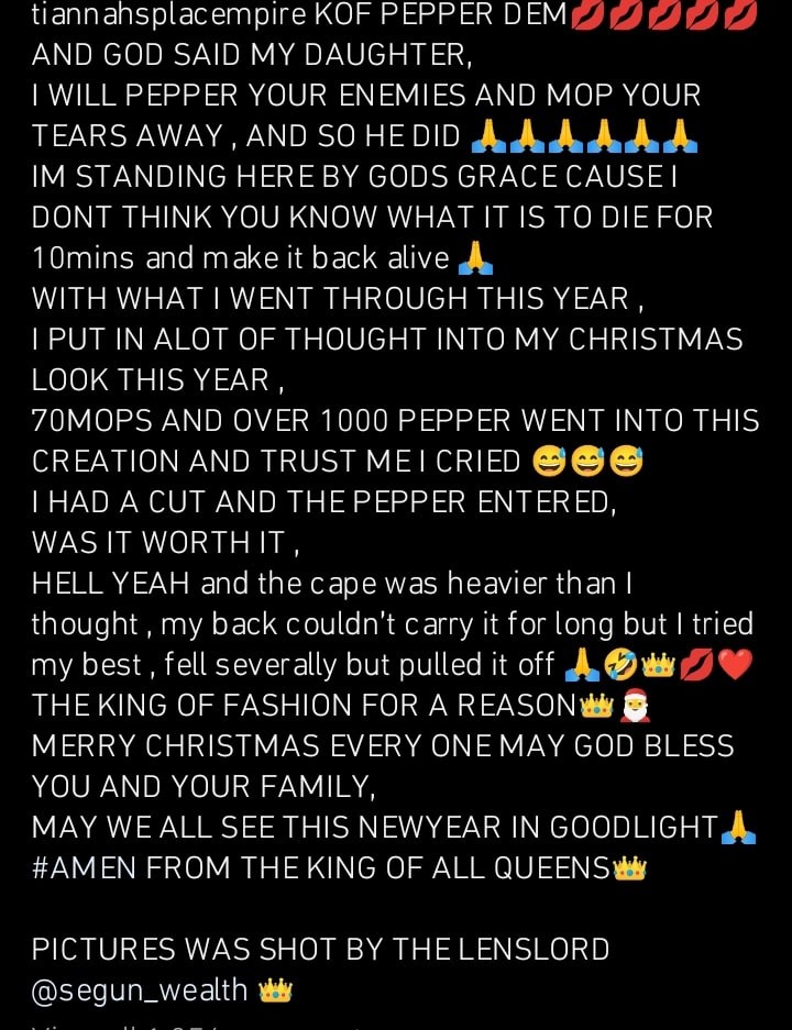 “Creativity at its peak” Toyin Lawani rocks 1000 pepper and 70 mops as Christmas outfit, shares her inspiration