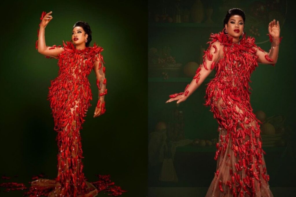 “Creativity at its peak” Toyin Lawani rocks 1000 pepper and 70 mops as Christmas outfit, shares her inspiration