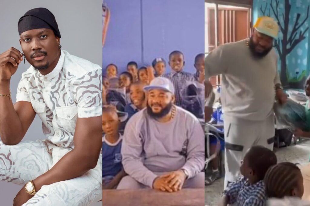 Actor Joseph Momodu reacts as Sam Larry storms school, donates books to pupils