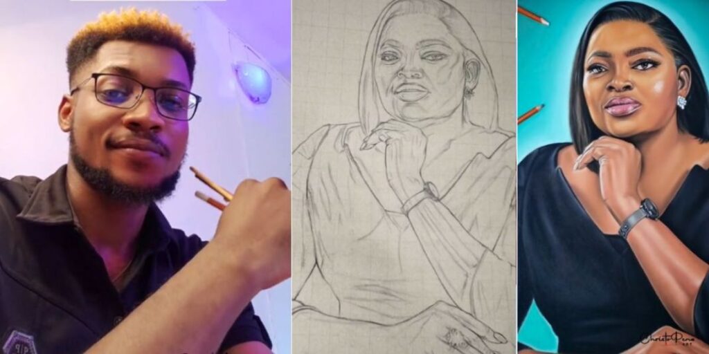 "I spent 72 hours on this piece I wish she love it” – Talented Nigerian artist draws Funke Akindele with pencil and charcoal, stuns many (Video)