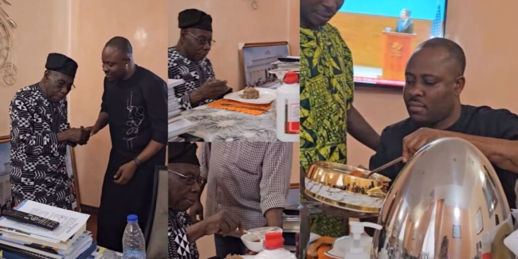 "See as Lege dey act like normal person” – Video as actor Lege Miami eats dinner with ex-president Obasanjo (Video)