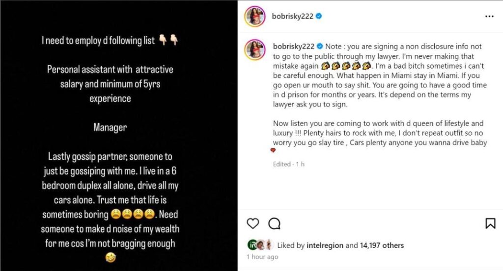 First salary is 500k"- Bobrisky opens up applications for a personal assistant, manager and gossip partner (See details)