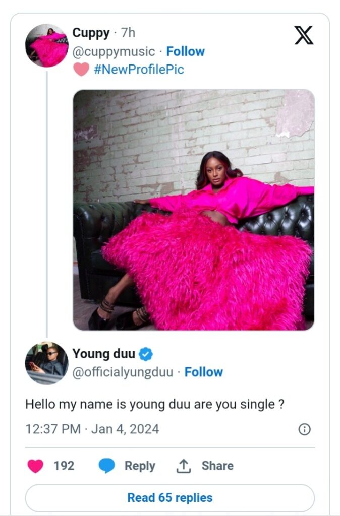 "I am very good in bed and I will take care of you my love"- Singer Young Duu bodly shoots his shot at DJ Cuppy