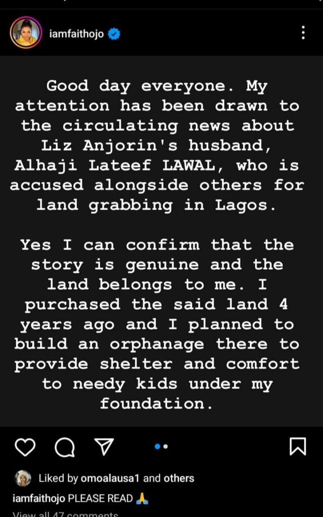 "I bought the land so I can build an orphanage home to help the poor"- Filmmaker Faith Ojo cries out as Lizzy Anjorin’s husband snatch her land in Lagos