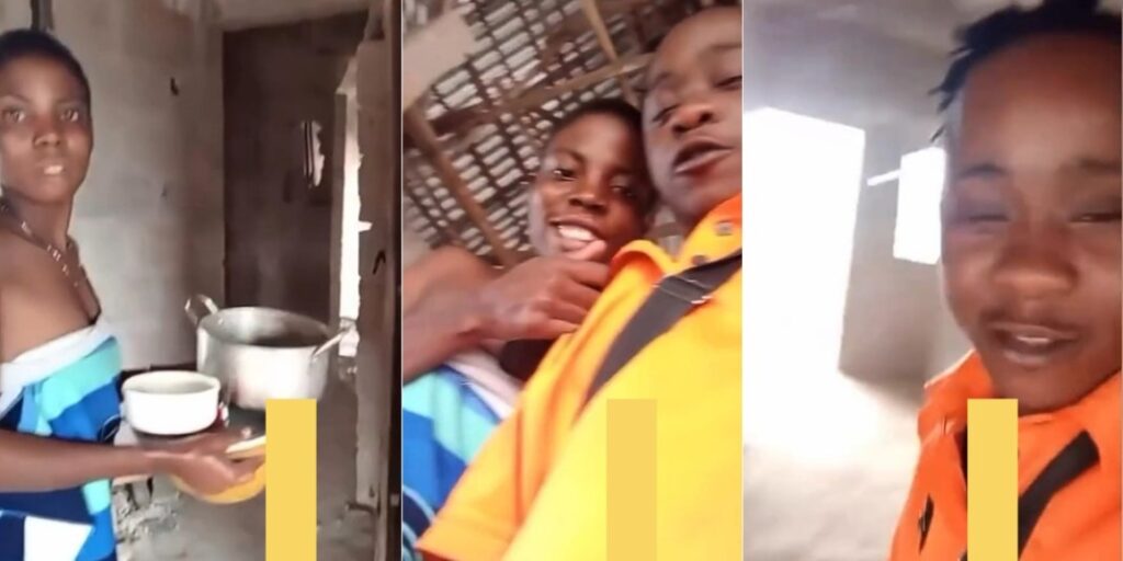 "I no get money but my woman dey manage with me” – Man shows off girlfriend in uncompleted building (Video)