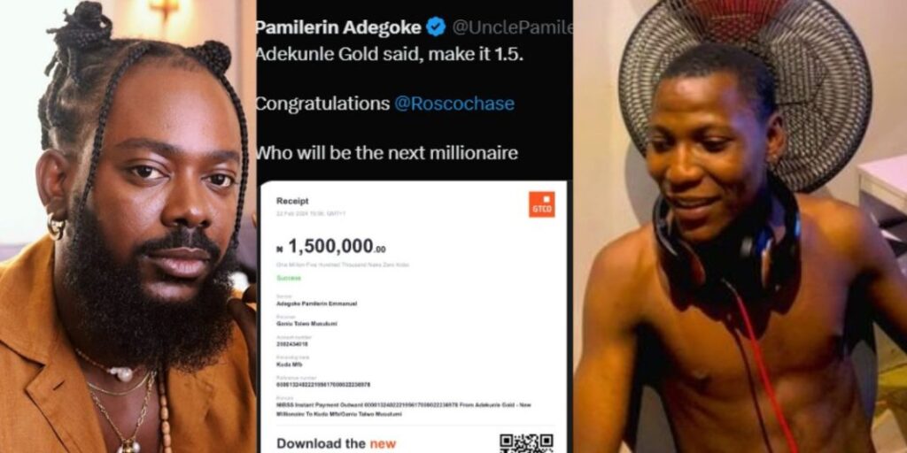 “Omo see grace” – Adekunle Gold turns a fan to millionaire as he gifts him N1.5m after begging for his assistance