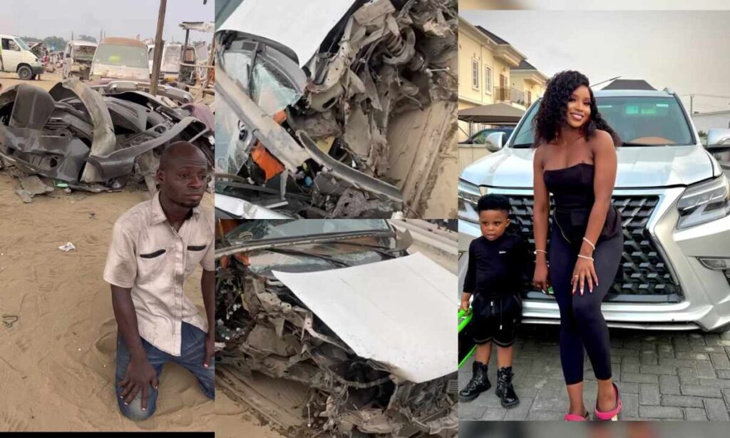 “I’m in pains, what do I do now” OluwaDollarz wife, Ifeoluwa Adegoke cries out after a mechanic crashed her car (video)