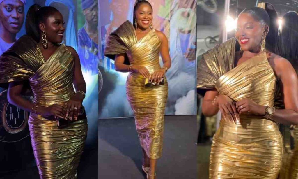 "Where Is Your Pikin"– Netizen Questions Biola Adebayo As She Stepped Out In A Dripping Gold For Anikulapo Series Premiere (Watch)