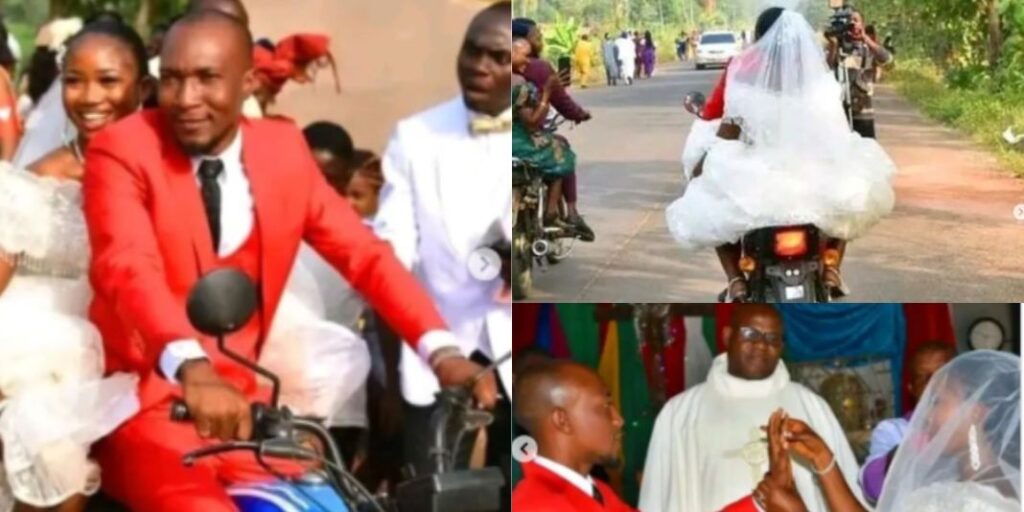 Beautiful Nigerian couple arrives church wedding on Okada, guests watch in awe (Photos)