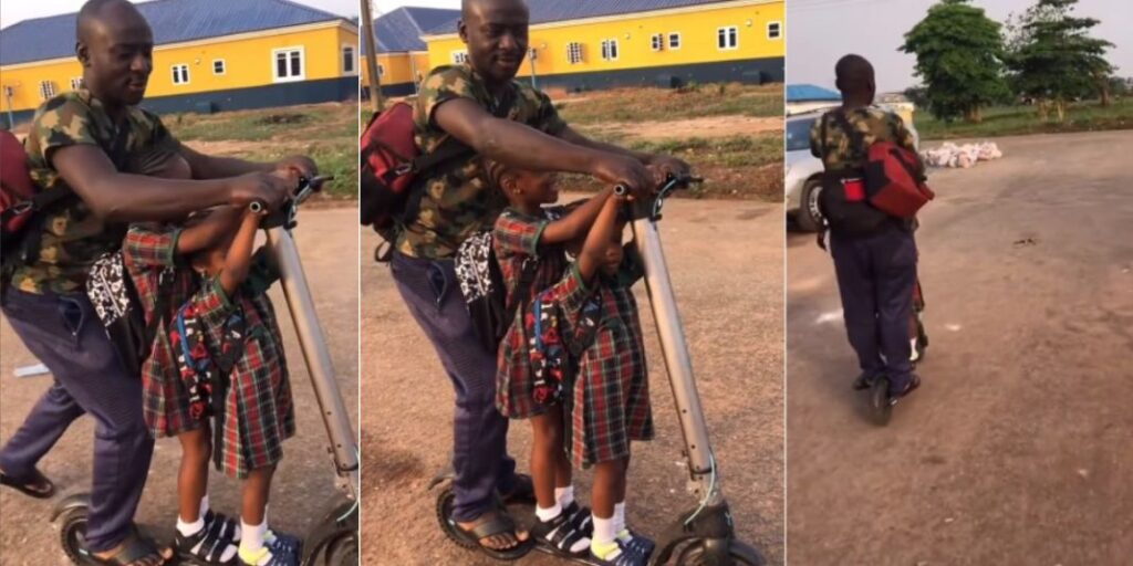 "Father’s love is underrated” – Nigerian dad warms hearts as he carries his kids to school on scooter (Video)