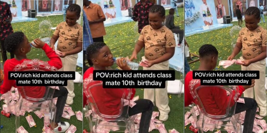 "I will never be poor” – Rich kid steals show as he makes money rain on classmate’s 10th birthday (Video)