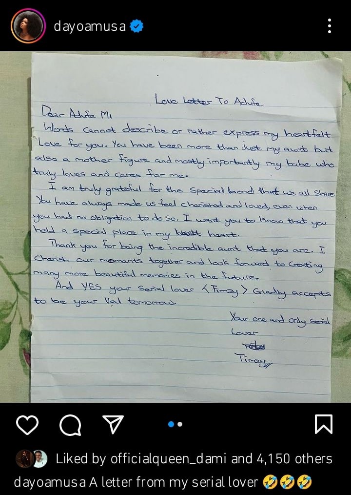 Dayo Amusa leaves many talking as she shares letter from her serial lover