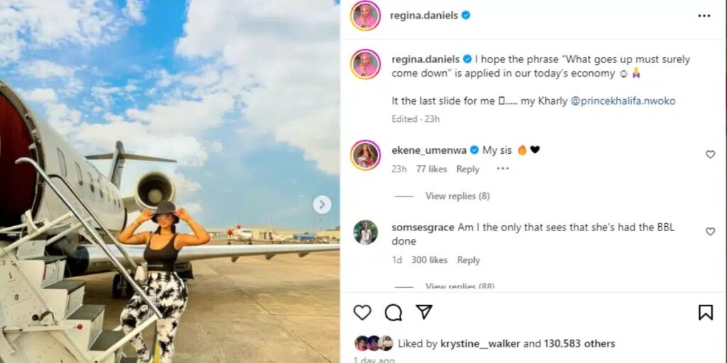 “Rest, you have no business with economy” – Netizens drag Regina Daniels for complaining about hardship while boarding private jet