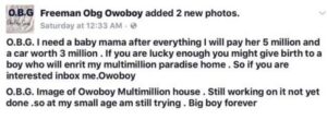 Popular Nigerian ‘big boy’ Who Sleep On Money Promise To Give N5 Million and Benz to any lady willing to be his Babymama (See How To Apply)